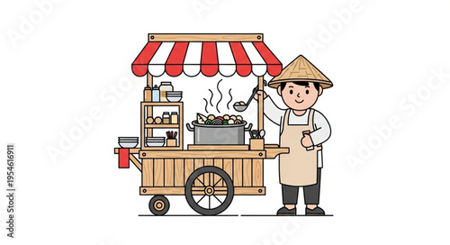 Asian street food vendor with a traditional cart serving delicious meals to customers.