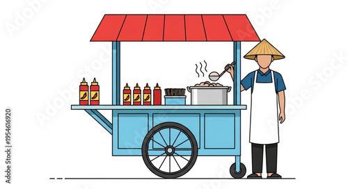 Asian street food vendor with cart selling delicious meals and sauces.