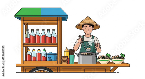 Asian street vendor selling refreshing drinks from a wooden cart.