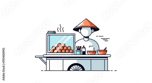Asian street food vendor with traditional hat and cart.