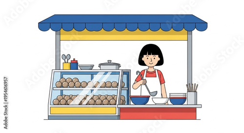 Asian woman preparing food at a street food stall, serving customers with delicious meals.