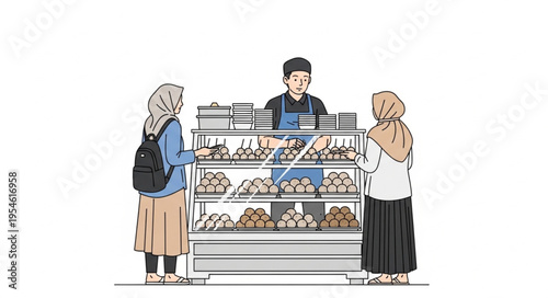 Bakery scene with a shopkeeper and two customers, showcasing pastries and goods.