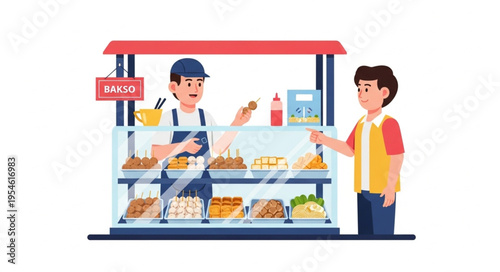 Bakery shop owner serving customer with various delicious food items for sale.