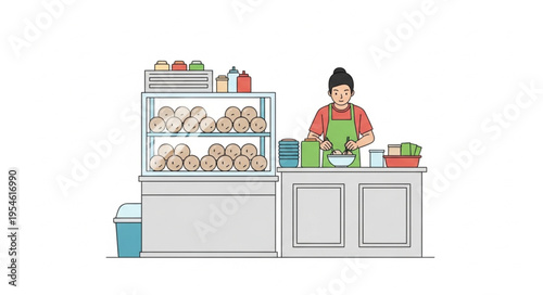 Bakery worker preparing food behind the counter with display of baked goods.