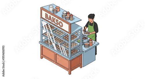 Bakery display case with a person serving customers, food items visible.