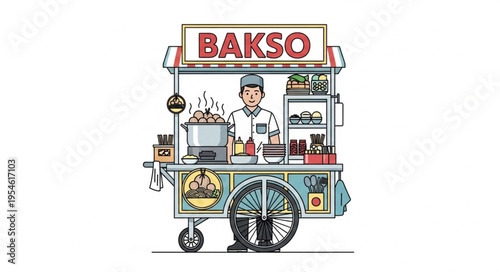 Bakso Cart Illustration - A Detailed Depiction of Indonesian Street Food Vendor.