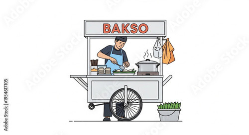 Bakso cart illustration depicting a street food vendor preparing delicious Indonesian meatballs.