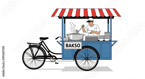 Bakso cart illustration - A street food vendor serving delicious Indonesian meatballs.
