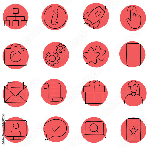 Hand-drawn cartoon set of media and communication icons on a white background.