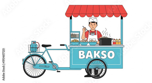 Bakso cart illustration depicting a street food vendor selling delicious meatballs.