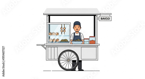 Bakso cart illustration featuring a smiling vendor ready to serve delicious Indonesian meatballs.