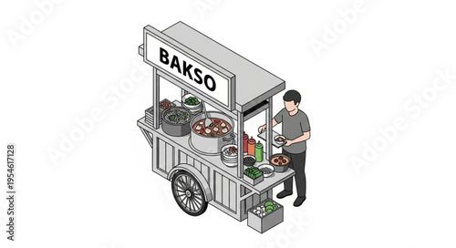Bakso cart illustration depicting street food vendor serving delicious Indonesian meatballs.