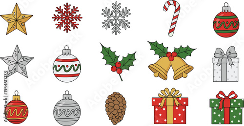 Hand drawn Christmas decoration icons set with ornaments gifts holly bells candy cane snowflakes festive holiday vector collection