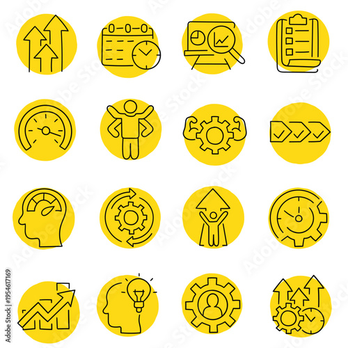 Hand-drawn cartoon set of productivity and efficiency icons on a white background.