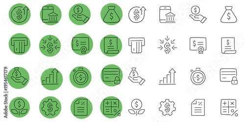 Hand-drawn cartoon and doodle set of finance icons on a white background.