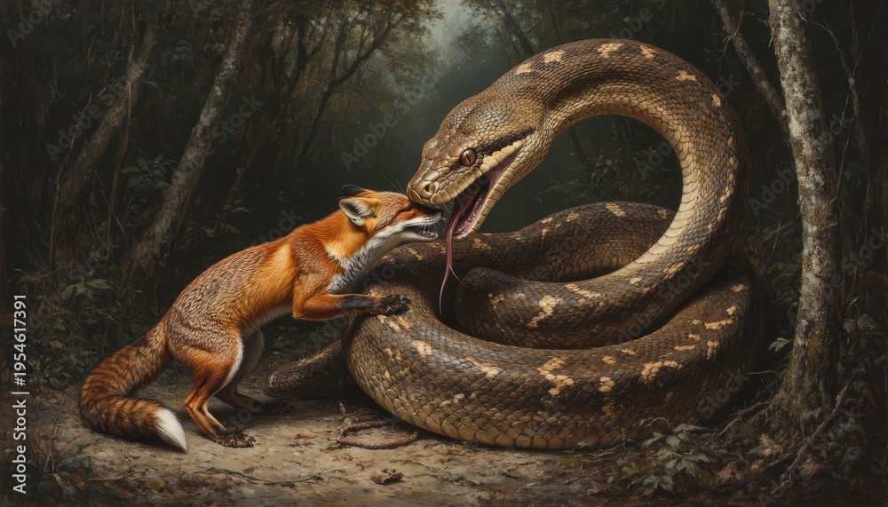 Fototapeta premium A fox is engaged in a tense encounter with a large snake. The fox shows caution while the snake displays aggression in a dark forest setting.