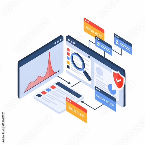 Isometric illustration of a digital security system analyzing data for fraud alerts and unusual activity.