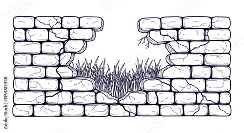 Broken Stone Wall with Grass Growing Through - Illustration