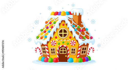 Colorful Gingerbread House with Snow and Candy Canes - Christmas Holiday Decoration
