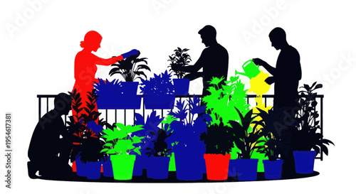 Diverse group tending colorful potted plants, gardening hobby, teamwork, lifestyle illustration