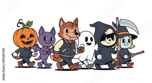 Cute Halloween Characters Walking Together, Trick or Treat Fun