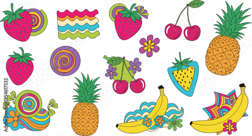 Colorful tropical fruit doodle vector set with strawberries cherries pineapple banana abstract shapes playful summer collection elements
