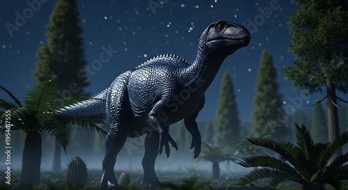 Dinosaur standing in a prehistoric forest.
