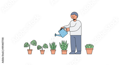 A person wearing a white shirt and blue pants waters a row of diverse green houseplants in terracotta pots with a blue watering can.