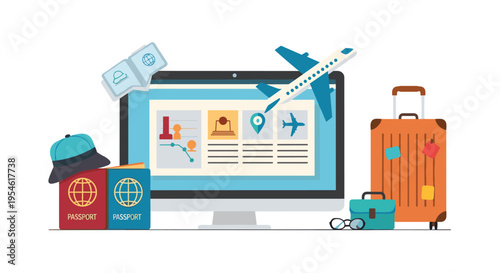 A desktop monitor displaying a travel website is surrounded by an airplane, passports, a hat, and luggage, illustrating online booking.