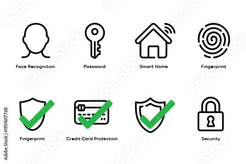 A collection of eight distinct security icons including face recognition, password, smart home, and credit card protection