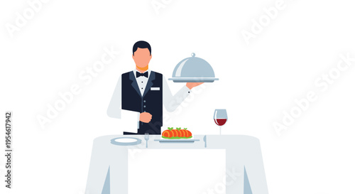 A male waiter in a black vest holds a silver cloche tray and a napkin behind a table set with food and wine.