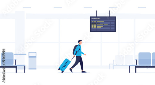 A male traveler with a blue backpack and suitcase walks through a bright airport terminal with a departures board.
