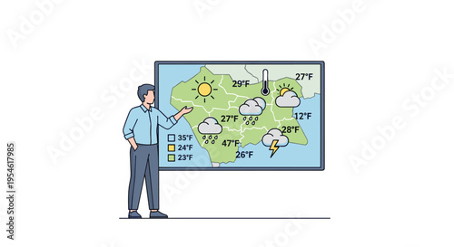 A male weather forecaster stands next to a large screen displaying a colorful weather map with temperatures and icons.
