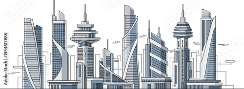 Futuristic city skyline with modern sci-fi skyscrapers high tech urban architecture and corporate towers flat vector illustration background set