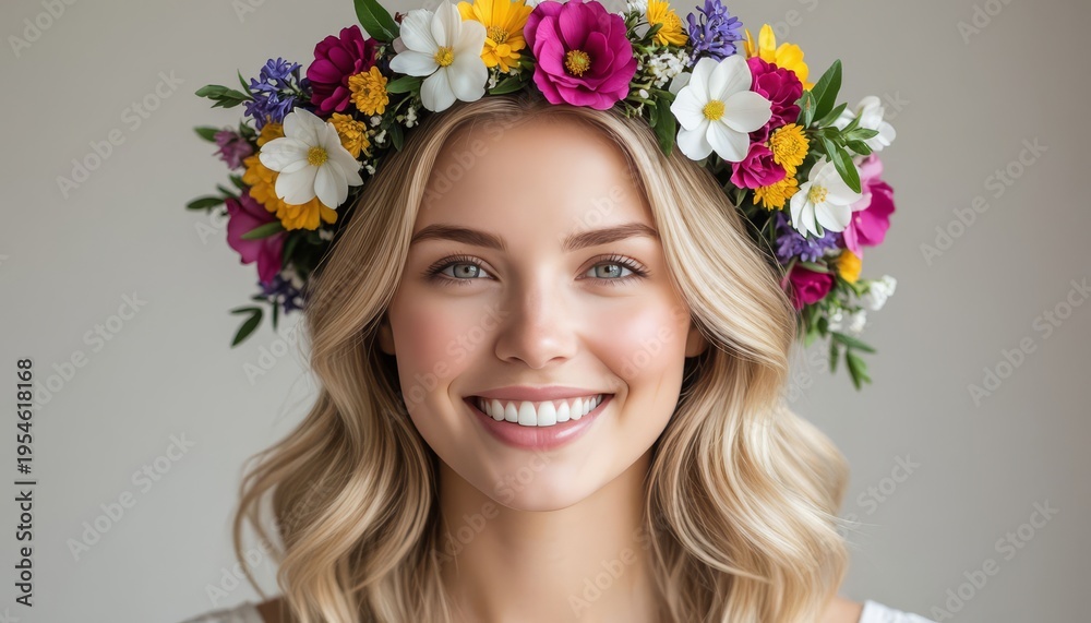 Naklejka premium A woman with long hair and a floral crown smiles sweetly. The floral crown consists of various colorful flowers enhancing the woman’s joyful expression.