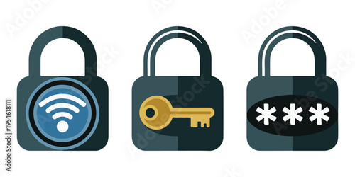 Collection of three security locks one with wifi symbol one with a keyhole and one with password asterisks