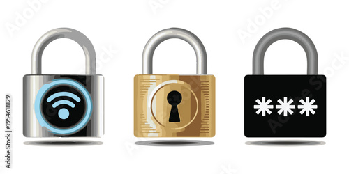 Three modern padlocks representing different security types a wifi enabled lock a traditional key lock and password lock