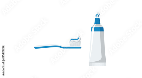 A blue and white toothbrush with toothpaste sits next to an open tube of toothpaste on a clean white background.