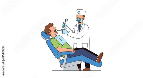 A dentist in a white coat and mask examines a patient's mouth with tools while the patient sits in a blue dental chair.