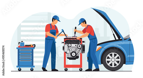 Two mechanics in blue overalls are working on a car engine on a red stand, with a blue car and a tool cabinet nearby in a garage.