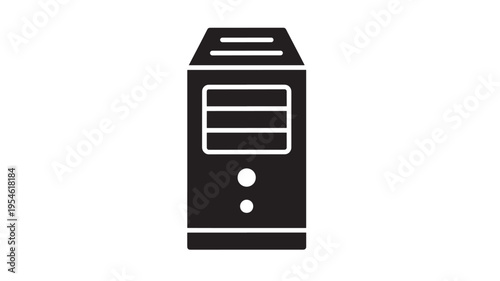 Computer tower icon with vents and buttons, representing desktop hardware for digital processing and data storage.