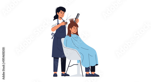 A female hairdresser in a blue apron precisely cuts the brown hair of a client seated in a white salon chair with a blue cape.