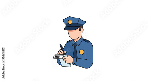 A police officer in a blue uniform and cap is shown writing on a small white notepad with a pen.