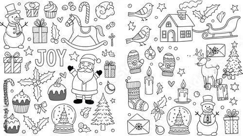 Christmas doodle coloring page vector set with Santa snowman gifts reindeer holiday elements black outline illustration collection