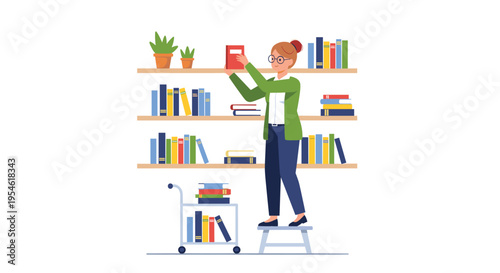 A bespectacled woman in a green cardigan stands on a stool, organizing a red book on a wooden bookshelf filled with various books and plants.