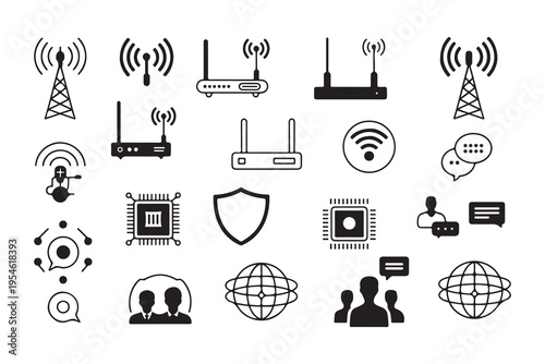 Network and wireless communication icon set featuring routers signal towers data chips and connectivity symbols