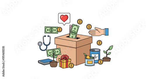 Money and a heart icon float above a donation box surrounded by gifts, a stethoscope, canned goods, and growing plants.