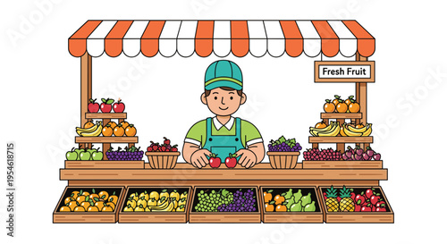 A friendly male vendor stands behind a wooden fruit stand with an orange and white awning, displaying fresh produce.