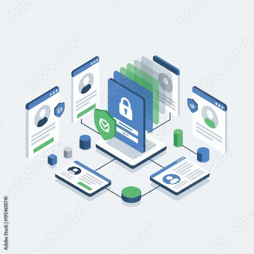 Isometric illustration of a secure digital identity management system with user profiles and data protection.