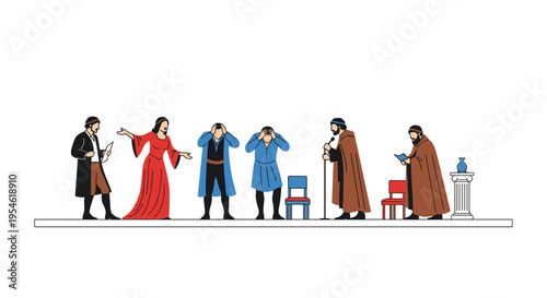 Six stylized male figures in historical attire perform a dramatic scene on a white stage against a plain white background.